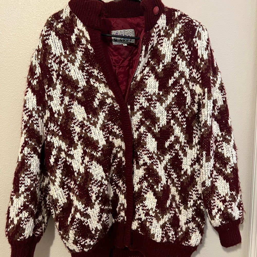 Vintage G-4000 Knit Sweater Women’s 80’s Cardigan Full Zip Red & White Size L